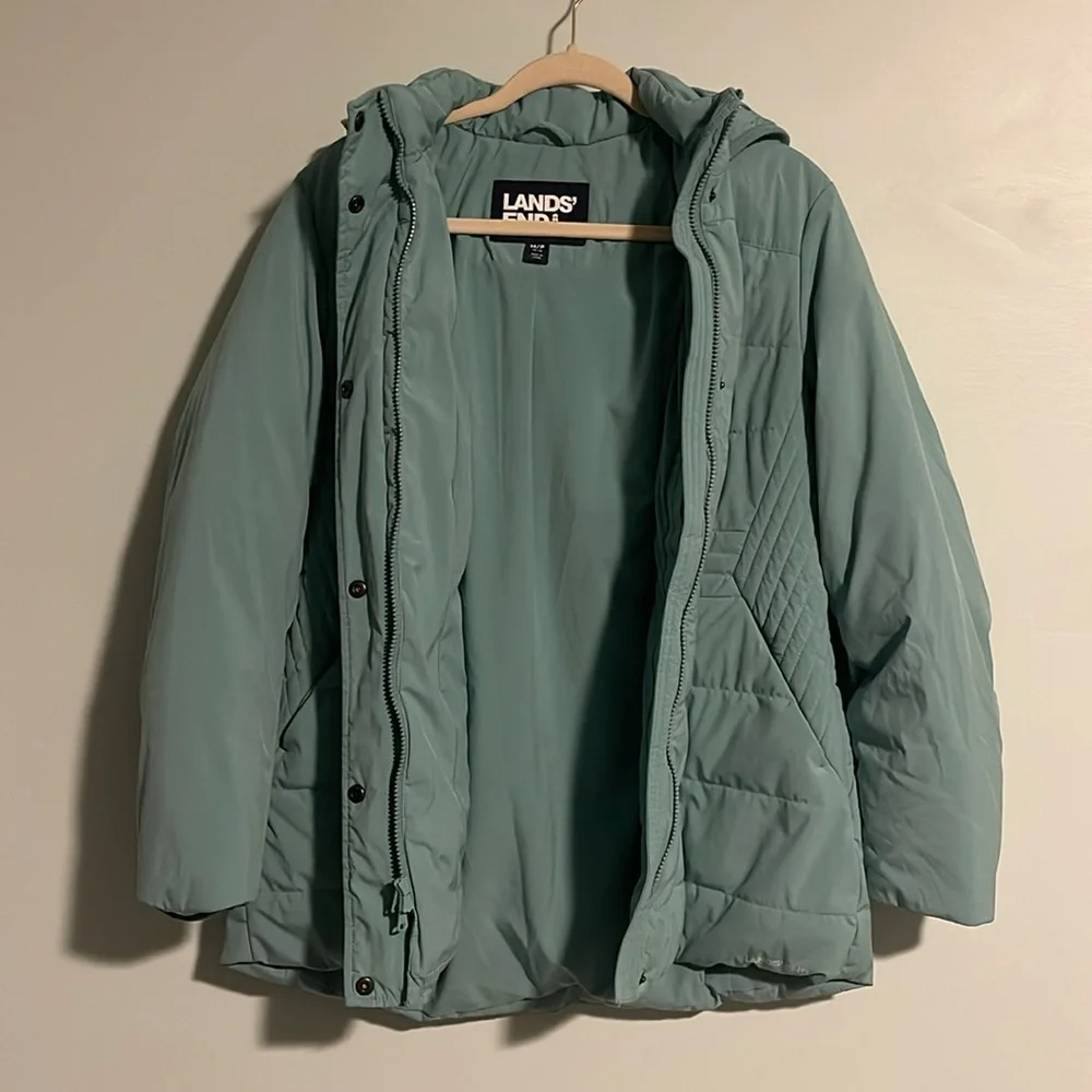 Lands’ End Down Filled Green Puffer Jacket Women’s Medium Petite (10/12) Hood - Picture 7 of 11